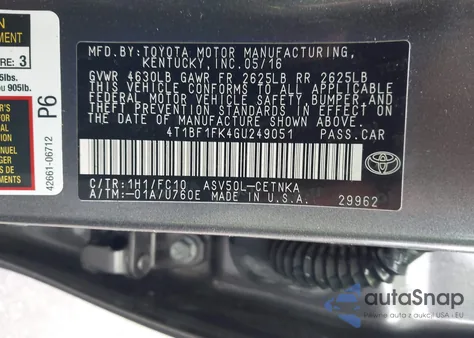 2016 Toyota Camry Le из США, поврежденный, VIN 4T1BF1FK4GU249051